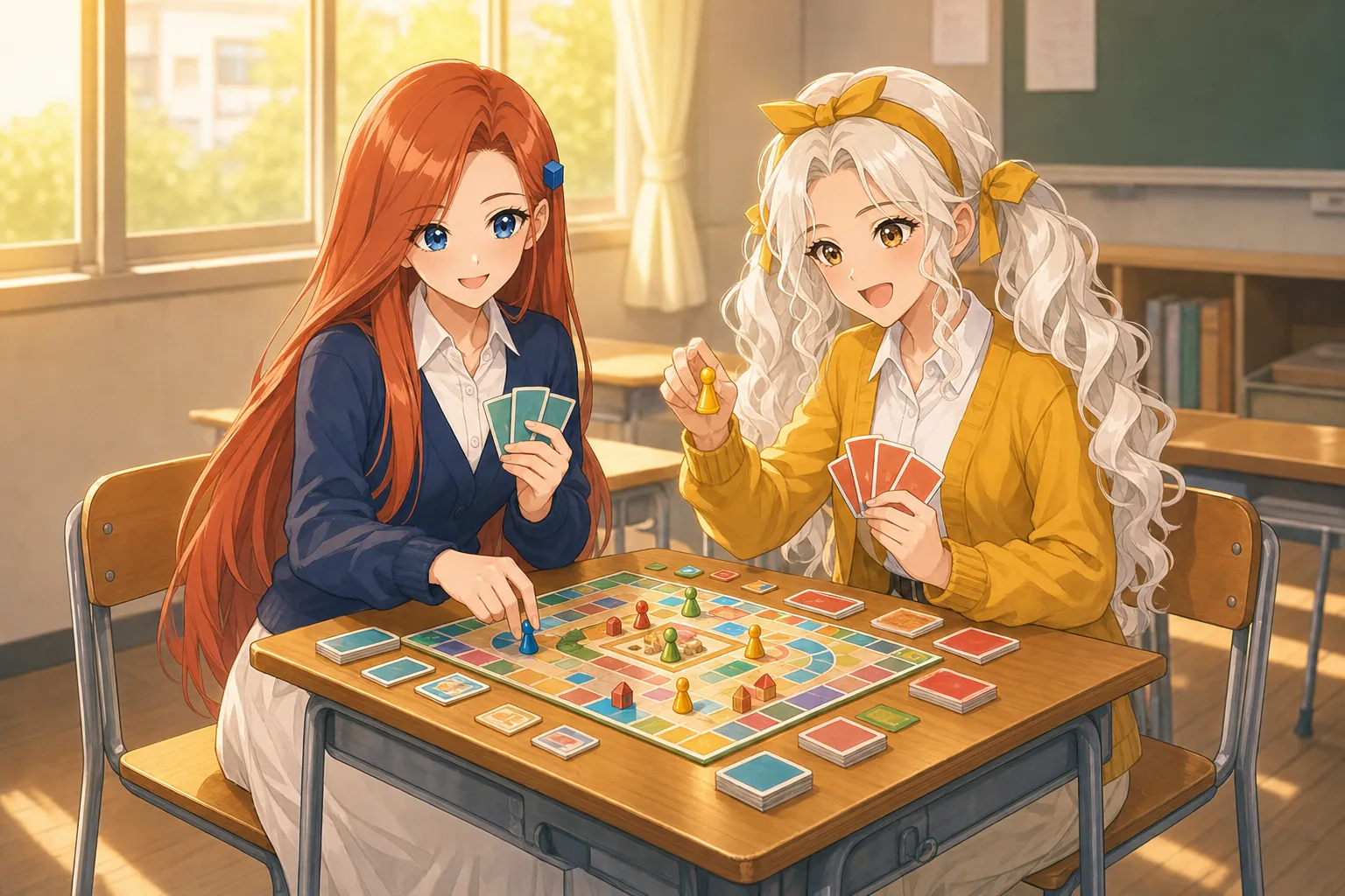 紅林かえで、白峰リリが放課後の教室でボードゲームを楽しむ様子