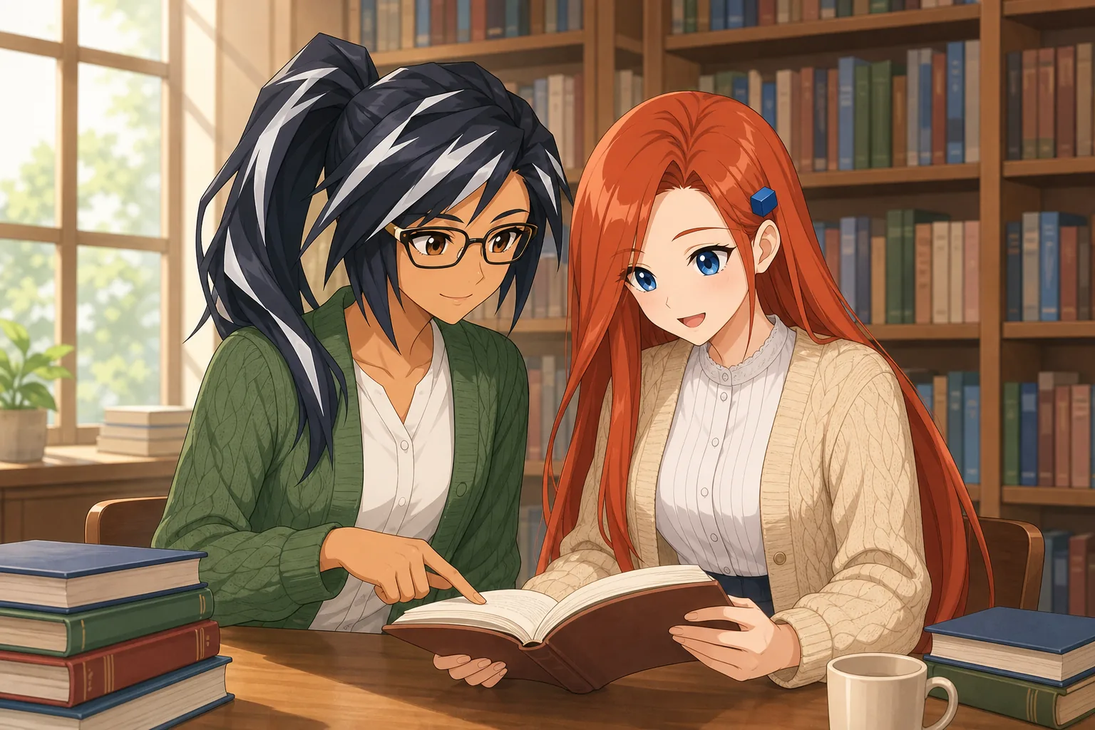 神楽モニカ先生、紅林かえでが図書室で読書会を楽しむ様子
