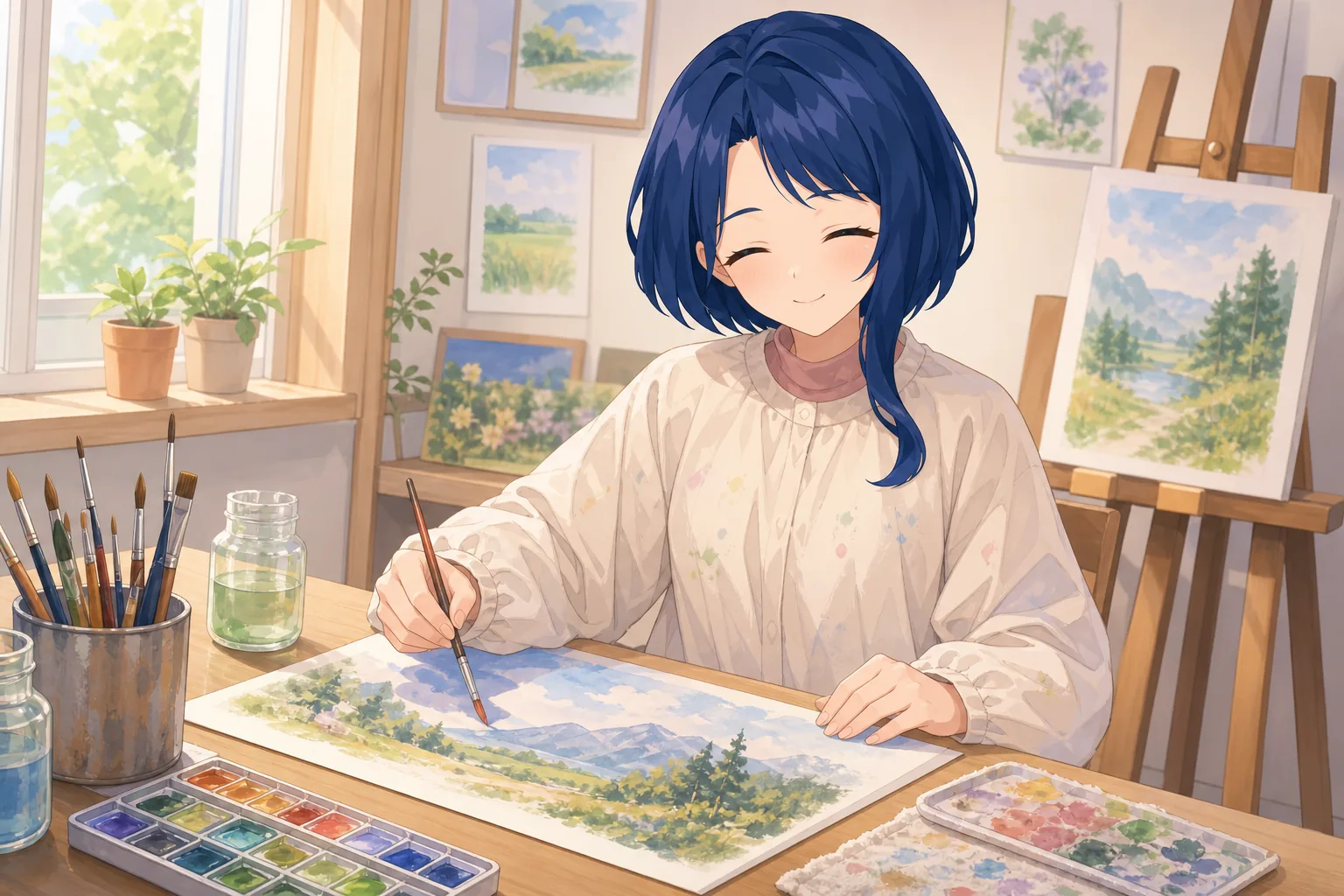 藍沢しずくが美術室で水彩画を楽しむ様子