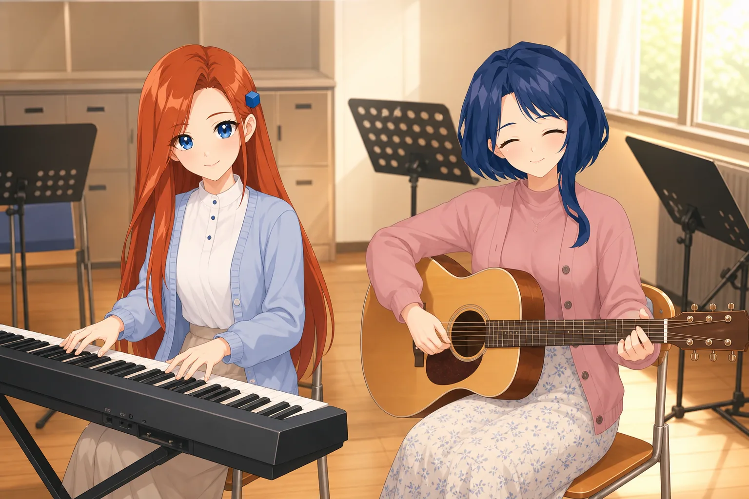 紅林かえで、藍沢しずくが音楽室でセッションを楽しむ様子