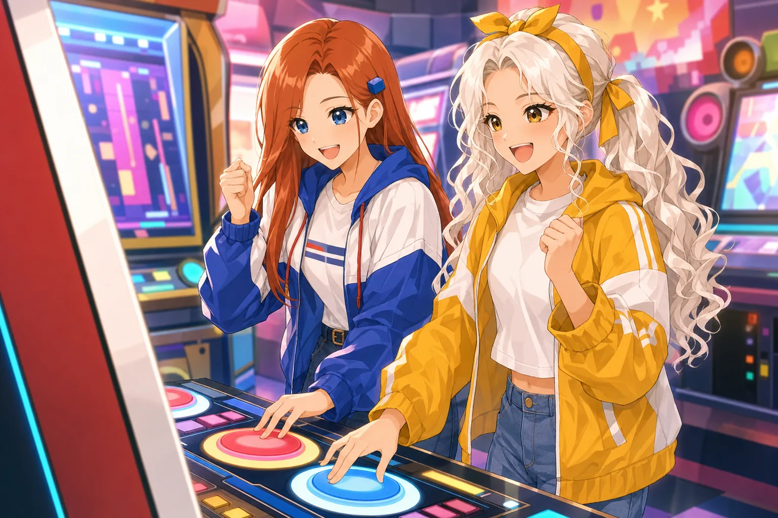 白峰リリ、紅林かえでがゲームセンターで協力プレイを楽しむ様子