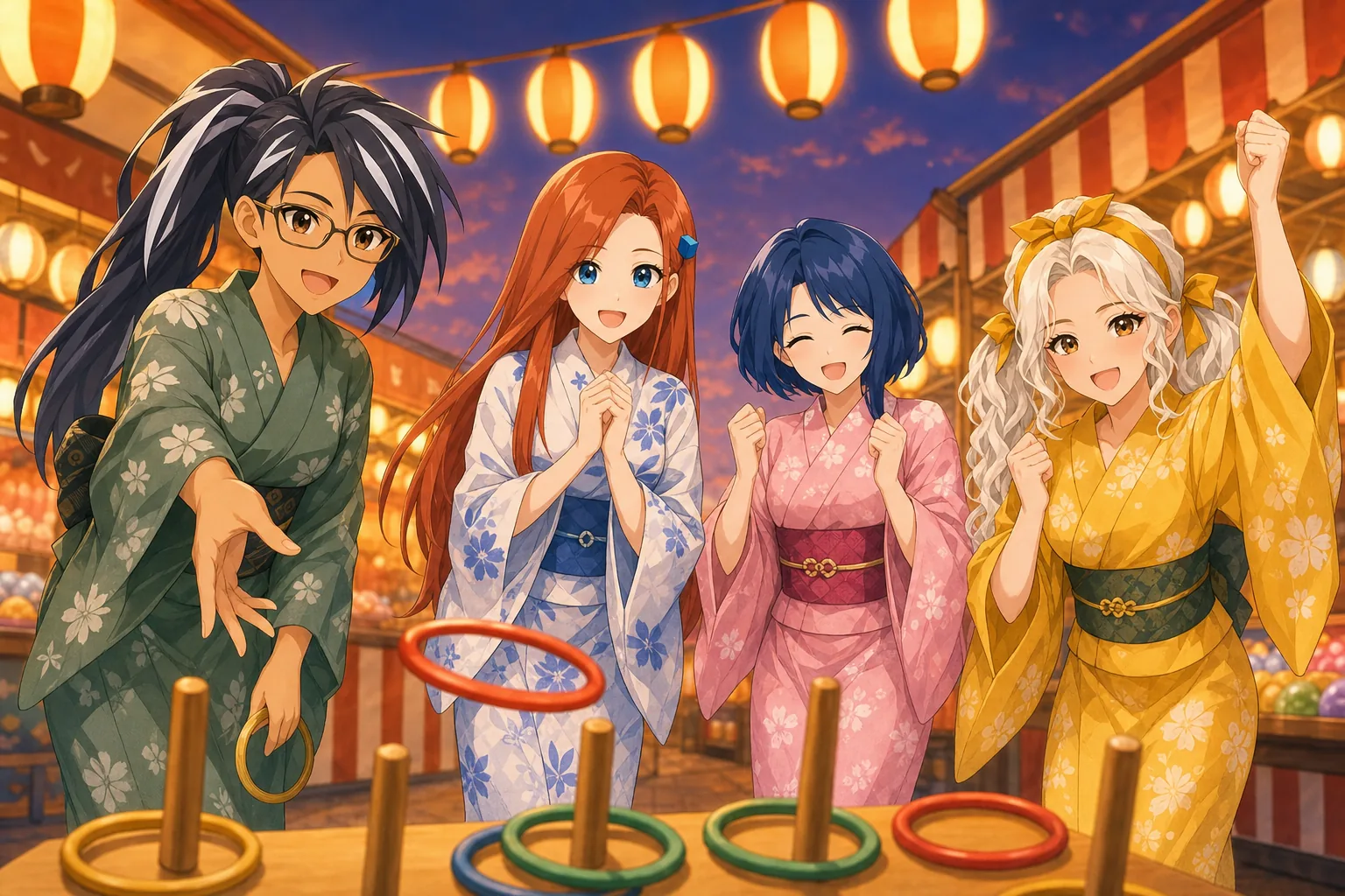 神楽モニカ先生、紅林かえで、藍沢しずく、白峰リリが夏祭りで輪投げを楽しむ様子
