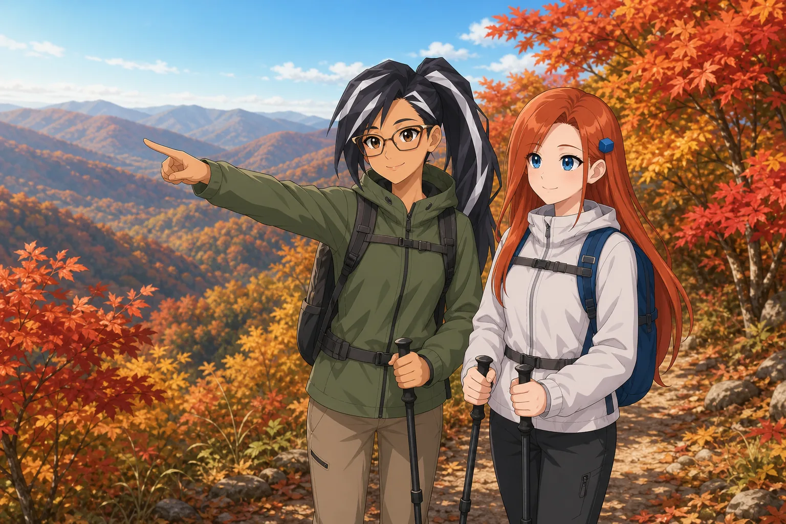 神楽モニカ先生、紅林かえでが紅葉の山をハイキングを楽しむ様子
