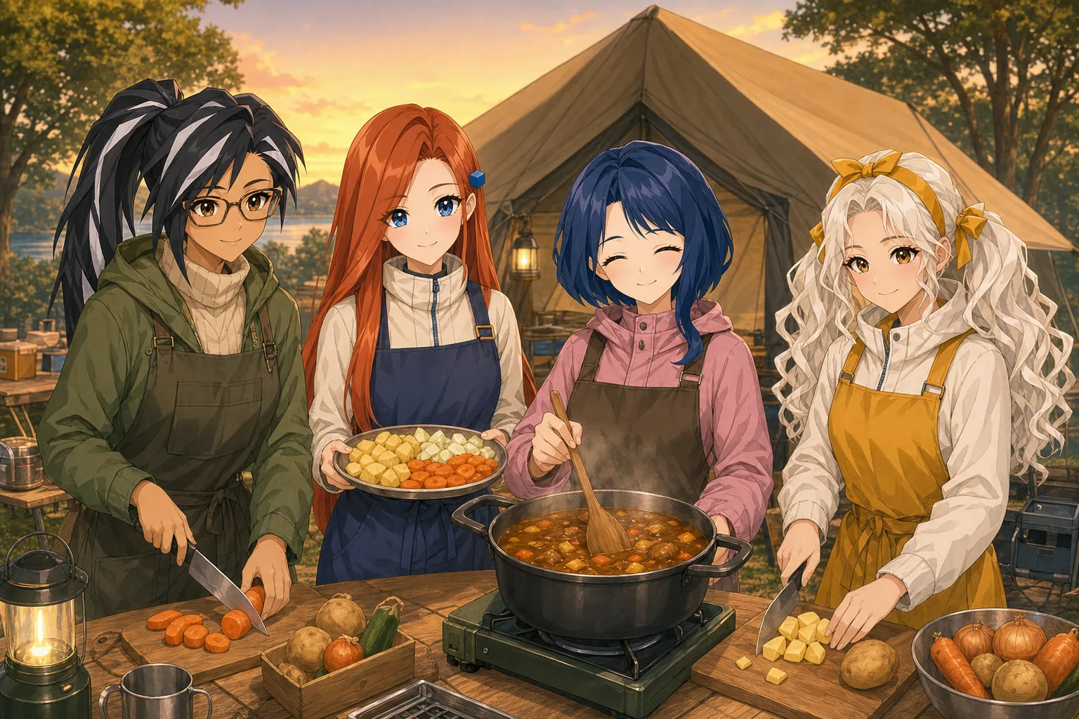 神楽モニカ先生、紅林かえで、藍沢しずく、白峰リリがキャンプでカレー作りを楽しむ様子