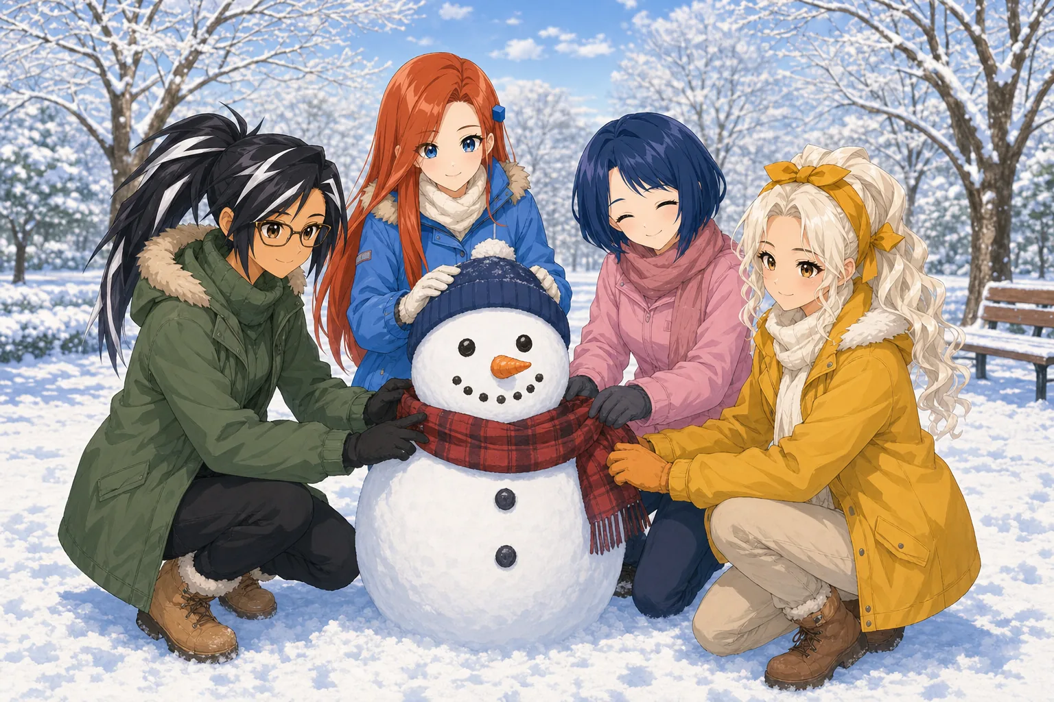 神楽モニカ先生、紅林かえで、藍沢しずく、白峰リリが雪だるま作りを楽しむ様子