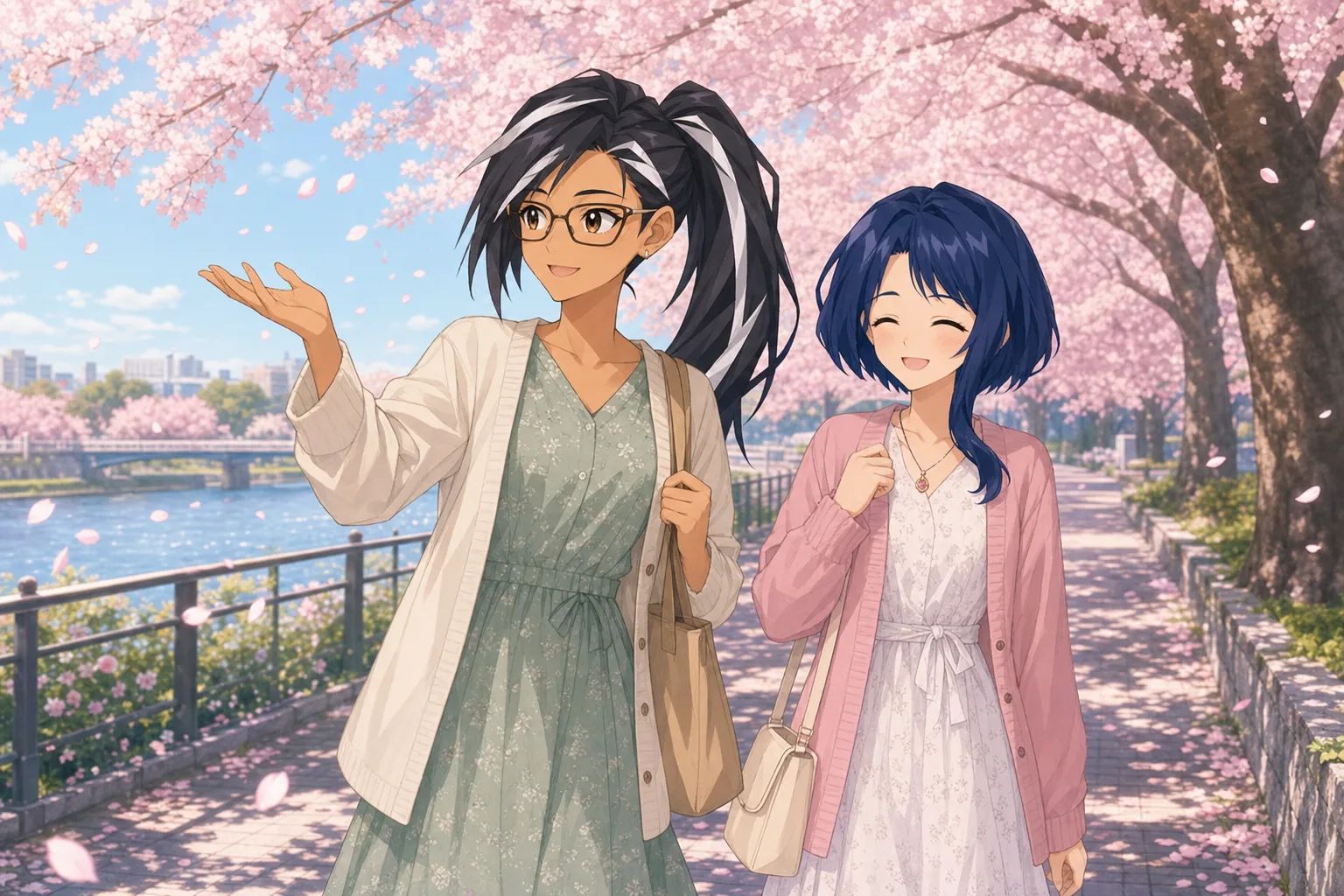 神楽モニカ先生、藍沢しずくが桜並木をお散歩を楽しむ様子