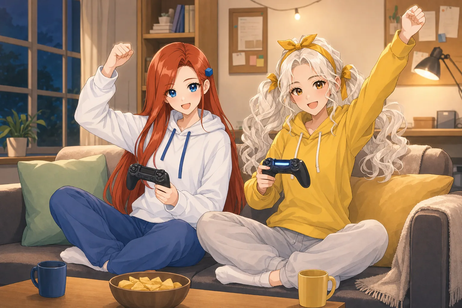 紅林かえで、白峰リリが部室で協力ゲームを楽しむ様子