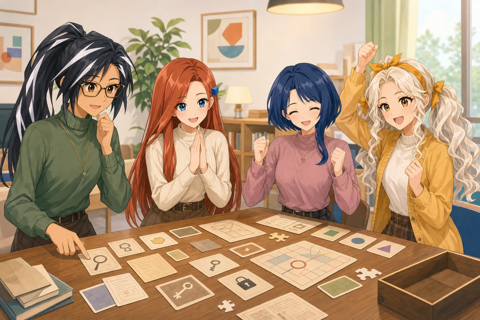 神楽モニカ先生、紅林かえで、藍沢しずく、白峰リリがテーブル謎解きゲームを楽しむ様子
