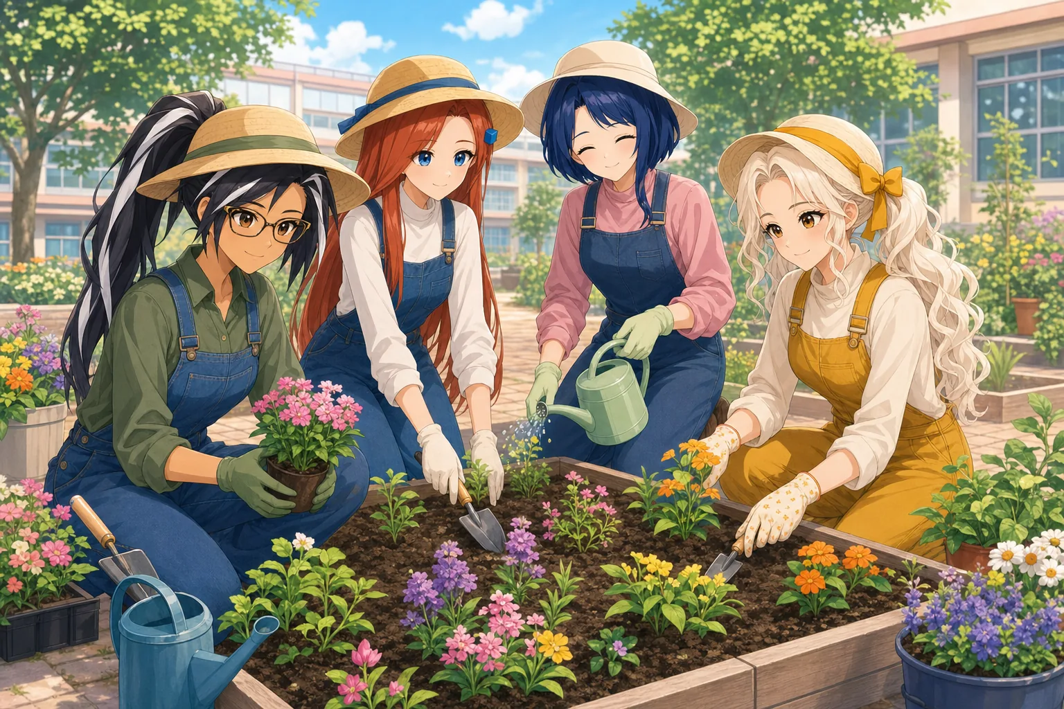 神楽モニカ先生、紅林かえで、藍沢しずく、白峰リリが校庭のガーデニングを楽しむ様子